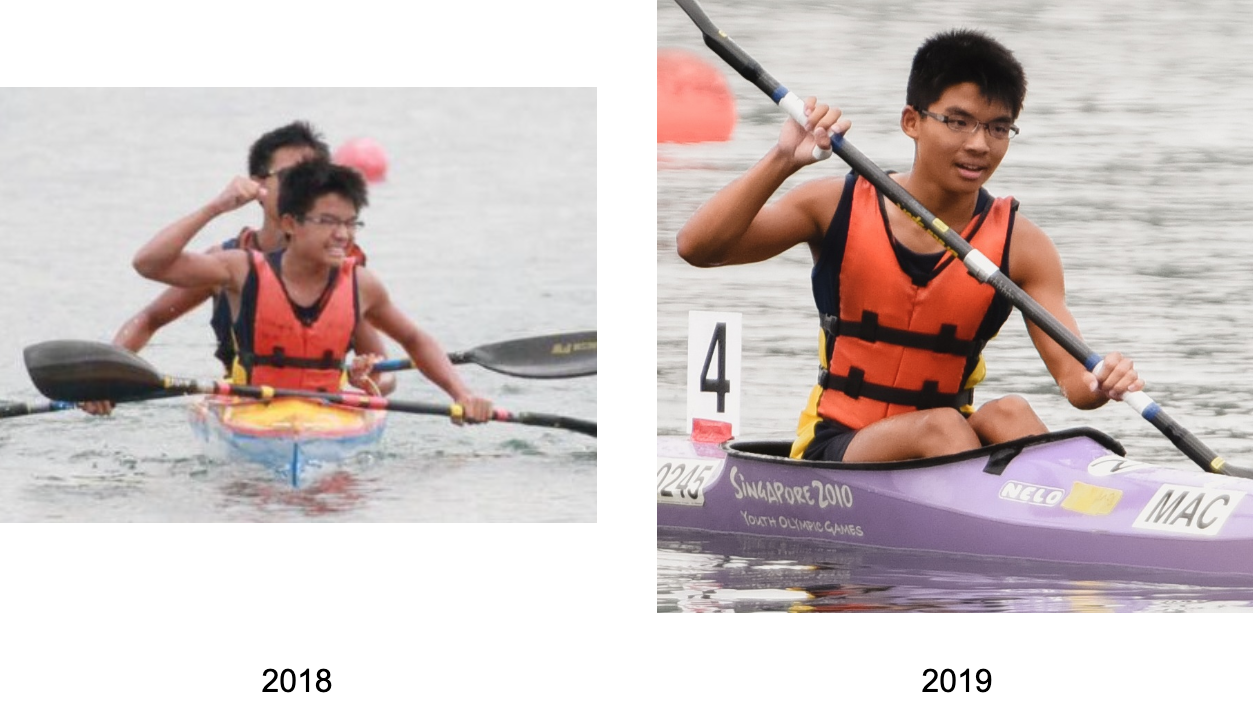 Two photos from 2018 and 2019 showing a young male kayaker in an orange life vest paddling on water.
